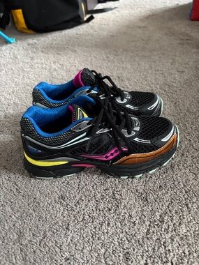 Kids Saucony Black Running Shoes with Blue, Pink, Yellow & Orange Accents